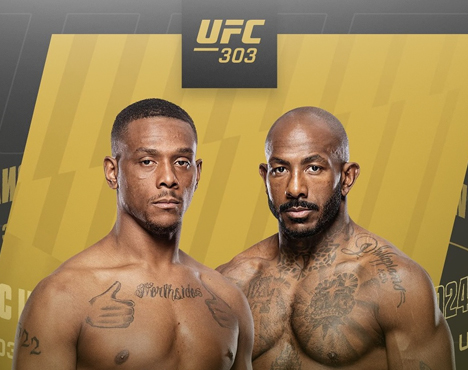На изображении представлены два бойца без рубашек на фоне логотипа UFC 303. Спортсмены смотрят прямо, у обоих татуировки на верхней части тела. Фон выполнен в желтых и серых тонах