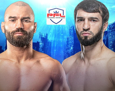 На изображении два борца перед логотипом Professional Fighters League. Они смотрят в камеру на фоне стилизованного городского пейзажа в синих тонах. Образы добавляют спортивного духа и готовности к бою