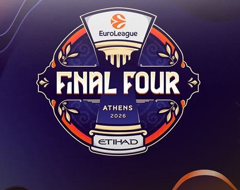Логотип мероприятия Final Four Евролиги 2026 года в Афинах, с упоминанием спонсора Etihad. Дизайн выполнен в темных синих и оранжевых тонах с классическими элементами